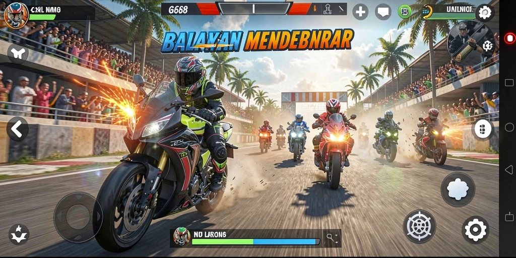 Screenshot G668 menampilkan balapan motor yang seru di trek berliku.