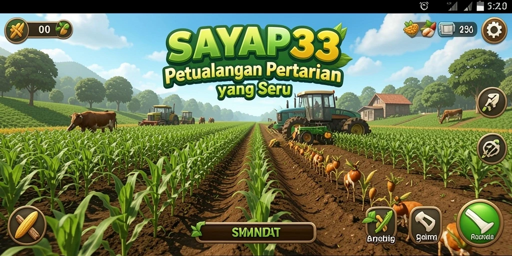 Screenshot gameplay SAYAP33 menampilkan ladang hijau subur dan hewan ternak.