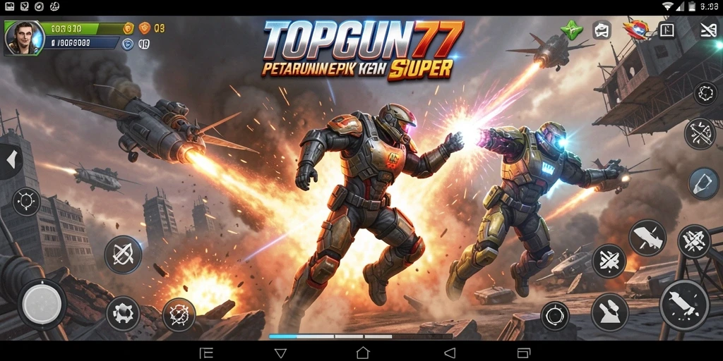 Screenshot gameplay TOPGUN77 dengan pertarungan yang intens dan karakter unik.